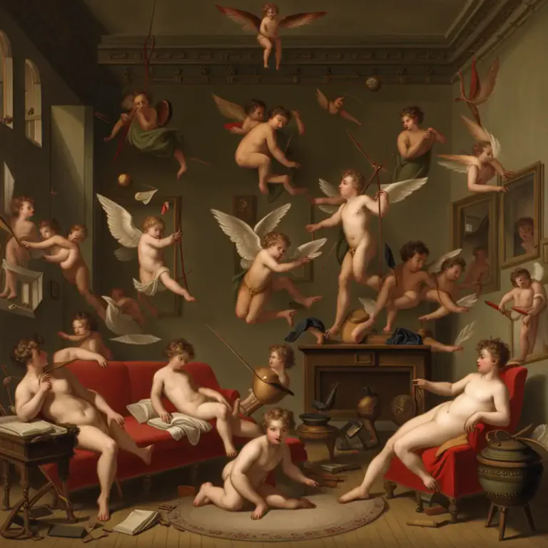 Visual representation of "cupid" - A sculpture, painting, or other representation of Cupid, often as a cherubic naked boy with wings, carrying a bow and arrows.