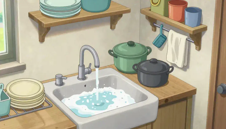 Visual representation of "scullery" - A small room or section of a kitchen where washing dishes and other kitchen tasks are done.