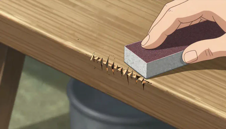 Visual representation of "burr" - A small piece of material, like metal or wood that sticks out and is unwanted.