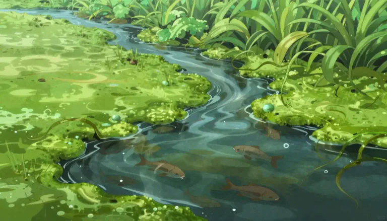 Visual representation of "eutrophication" - The process by which a body of water becomes overly enriched with nutrients, leading to excessive growth of algae and other plants, which can deplete oxygen and harm aquatic life.
