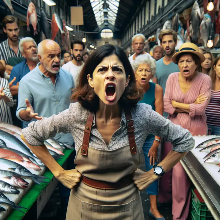 Visual representation of "fishwife" - An offensive term for a loud and unpleasant woman.