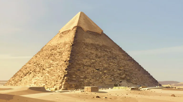 Visual representation of "pyramid" - A building with a square or triangle base and triangular sides that meet at a point at the top, usually made in ancient Egypt.