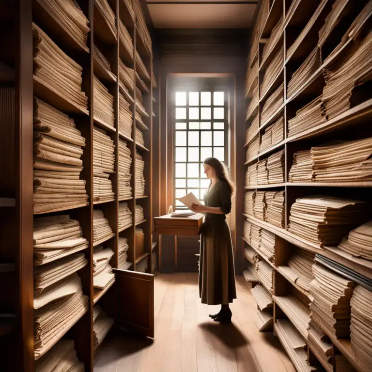 Visual representation of "morgue" - A room or collection where old, historical newspapers or documents are kept.