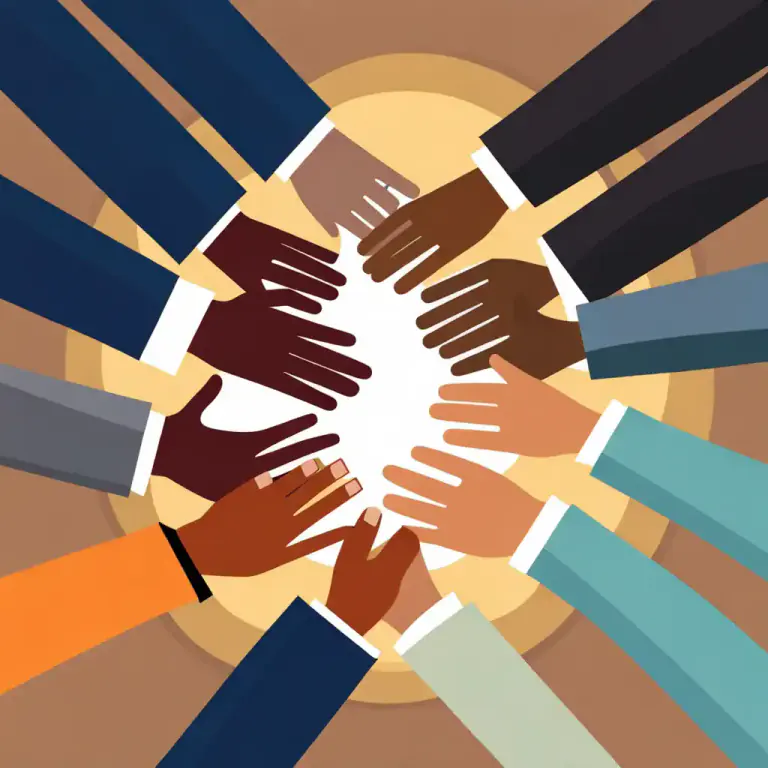 Visual representation of "band together" - To join together as a group to achieve a common goal or to deal with a common problem.