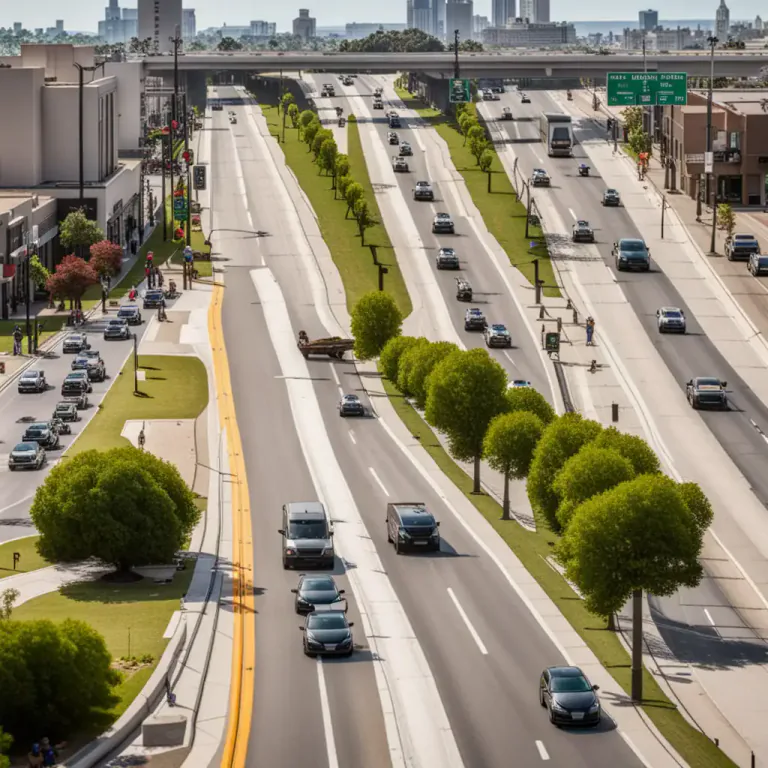 Visual representation of "median" - A strip of land, usually planted with trees, that separates lanes of traffic on some roads.
