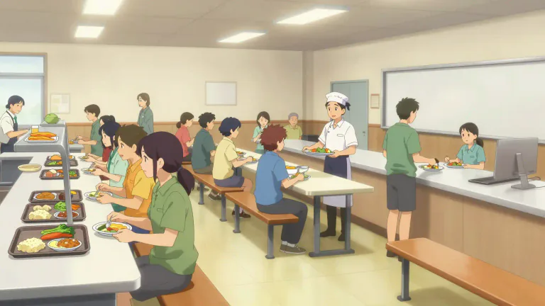 Visual representation of "canteen" - A place in a school, factory, or military center where meals are served to people at low prices.