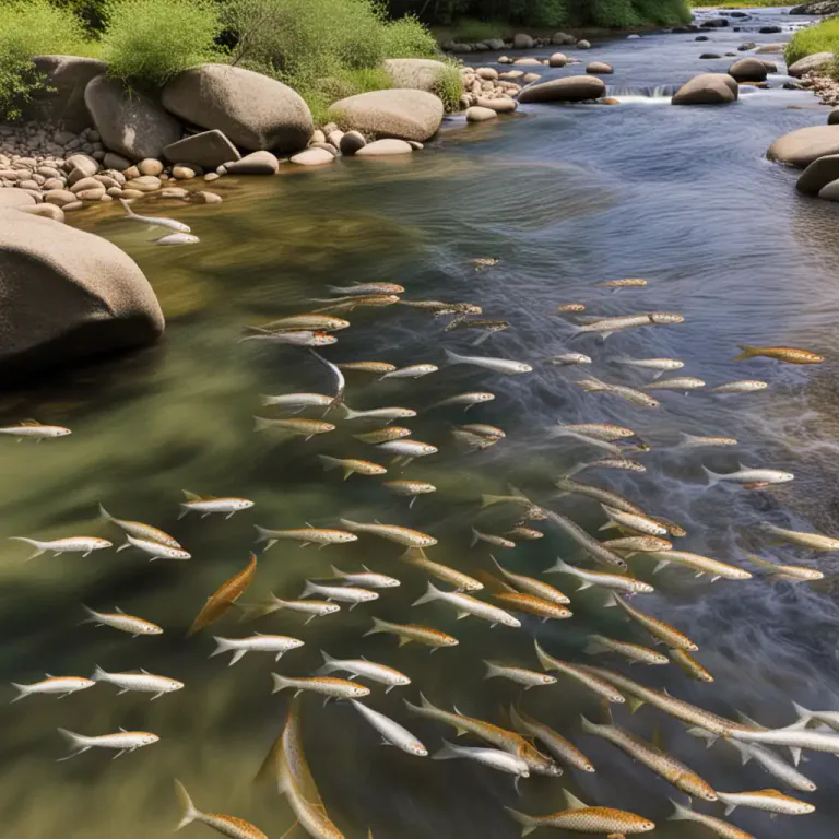 Visual representation of "riffle" - A shallow spot in a stream or river, where the water flows quickly.