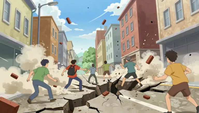 Visual representation of "earthquake" - A sudden violent shaking of the ground, often caused by movement under the earth's surface