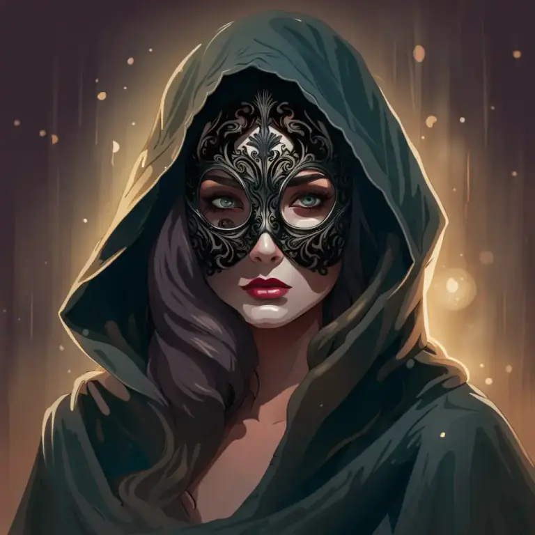 Visual representation of "domino" - A loose hooded cloak worn with a half-mask as a disguise. The mask has eyeholes and is commonly worn at masquerades.