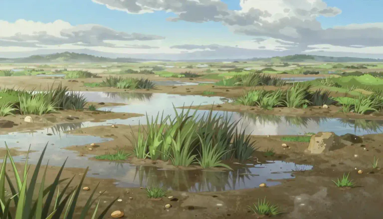Visual representation of "marsh" - An area of low-lying land where there is a lot of water, often an area of soft, wet land