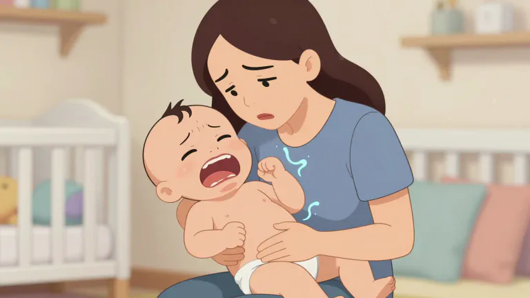 Visual representation of "colicky" - Related to or suffering from colic, a severe pain in the stomach that usually comes and goes.