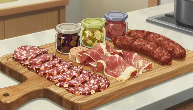Visual representation of "charcuterie" - A style of cooking involving the preparation of cured meats and other specialty food products.
