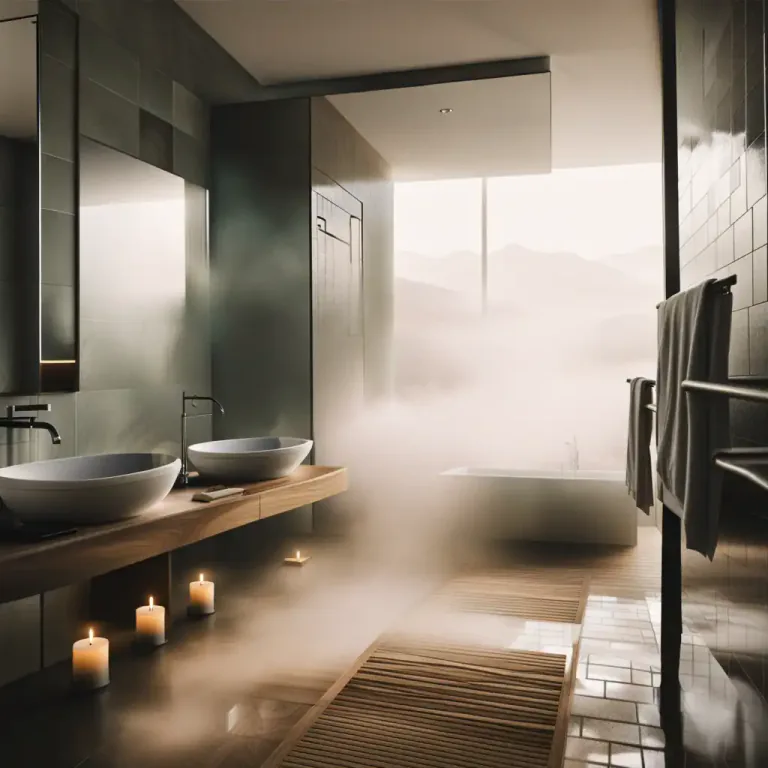 Visual representation of "steam up" - To cause something, like a mirror or window, to fog or mist with steam.