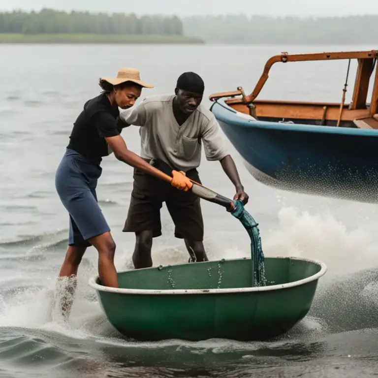 Visual representation of "bale" - To remove water from a boat with a container.