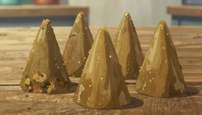 Visual representation of "piloncillo" - A type of unrefined cane sugar, typically formed into a cone shape, commonly used in Latin American cooking.