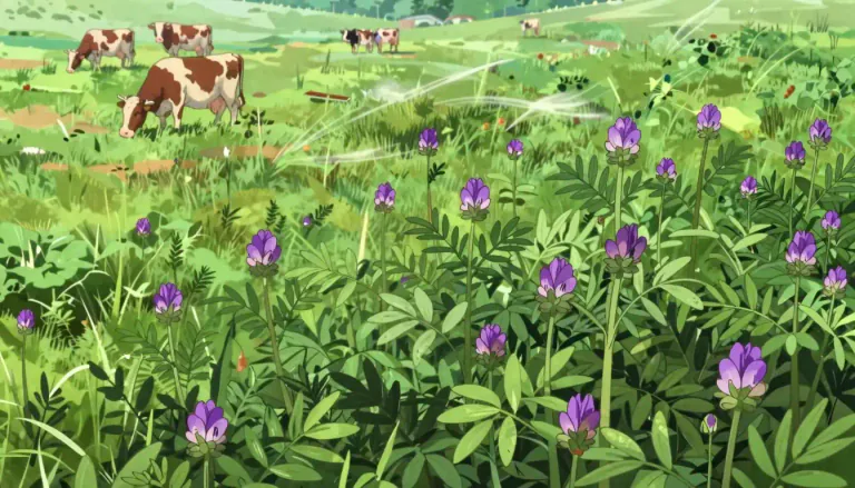 Visual representation of "alfalfa" - A plant that is grown as food for livestock (farm animals) and has purple flowers.