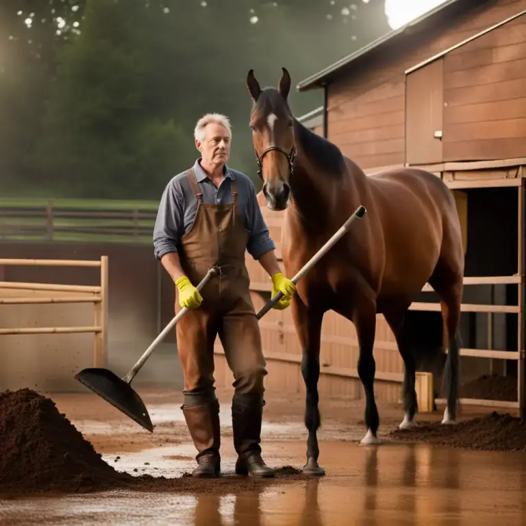 Visual representation of "muck out" - To clean a place, especially where animals live, by removing dirt, waste, or unwanted things