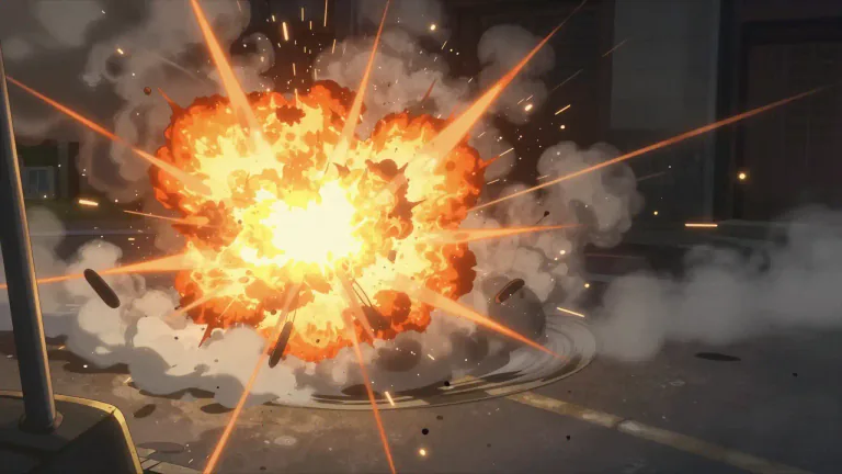 Visual representation of "explosion" - A big burst or release of energy often with a loud noise and flames.