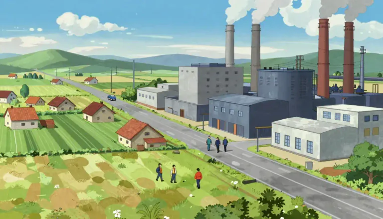 Visual representation of "industrialize" - To change a country's economy by developing industries in it.