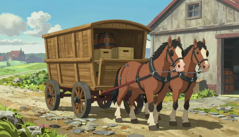 Visual representation of "dray" - A vehicle with no sides that is used to carry heavy loads, usually pulled by horses.