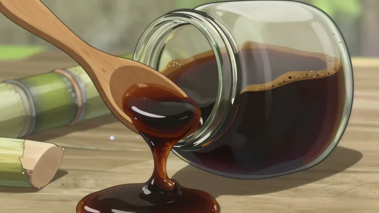 Visual representation of "blackstrap" - A type of molasses that is a byproduct of sugar production and is known for its thick, dark, and strong flavor, often considered healthier due to its high vitamin and mineral content.