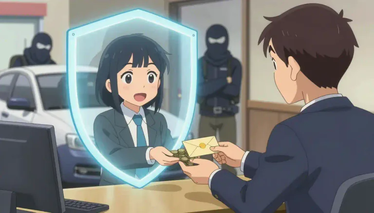 Visual representation of "insurance" - A system in which you make regular payments to a company and they pay you money if something bad happens, such as an accident or theft.