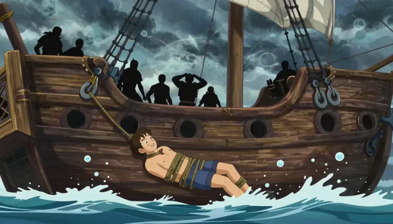Visual representation of "keelhaul" - To punish severely, typically by dragging someone under the ship from one side to the other.