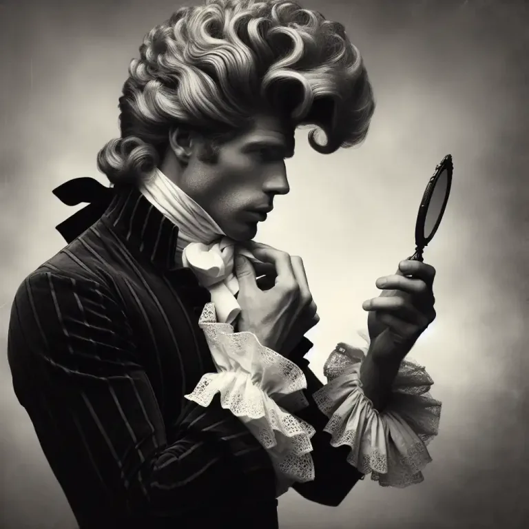 Visual representation of "foppish" - In literature, referring to a man who is overly focused on his clothes and appearance in a vain or silly way.