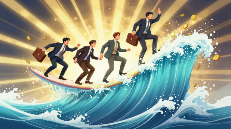 Visual representation of "ride the crest of something" - To take full advantage of a particularly successful period or situation.