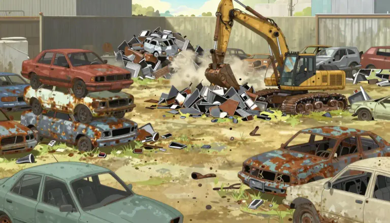 Visual representation of "scrapyard" - A scrapyard is a place where old cars and other vehicles are collected and stored, often for parts or recycling.