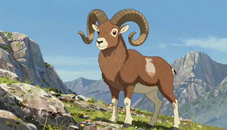 Visual representation of "mouflon" - A kind of wild sheep with big, circular horns, found mainly in the mountains of Corsica, Sardinia, and Asia Minor.