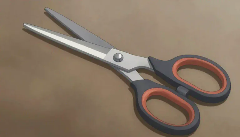 Visual representation of "scissors" - A tool used for cutting materials such as paper, cloth, hair, etc. It has two sharp blades that are crossed in the middle, and you operate it by putting your fingers through two holes at its end.