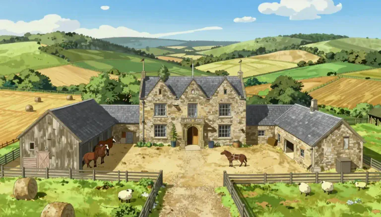 Visual representation of "grange" - A country house with farm buildings attached, especially a historic one