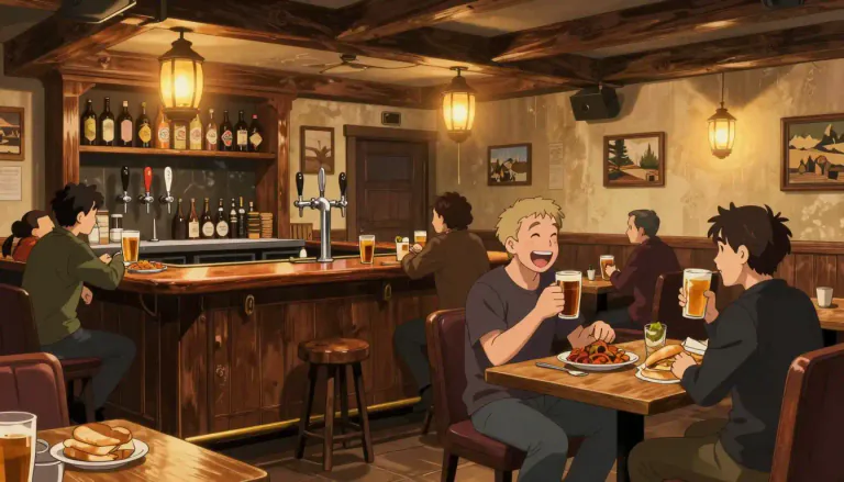 Visual representation of "pub" - A place where people go to drink alcohol and often eat food