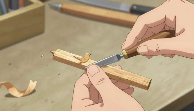 Visual representation of "whittle" - To cut small bits or pare shavings from a piece of wood.