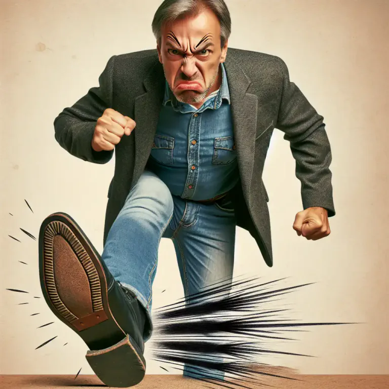 Visual representation of "stamp" - To bring down one's foot heavily on the ground causing a noise, often to show anger.