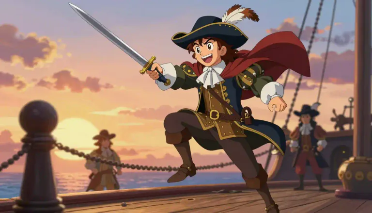 Visual representation of "swashbuckler" - A person who engages in daring adventures or heroic deeds, often portrayed as a heroic figure with charm and flamboyance.