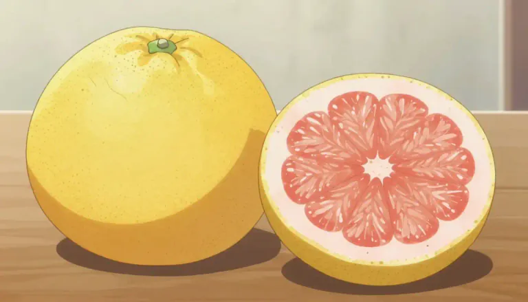 Visual representation of "grapefruit" - A large round citrus fruit that is yellow and has a slightly sour taste.