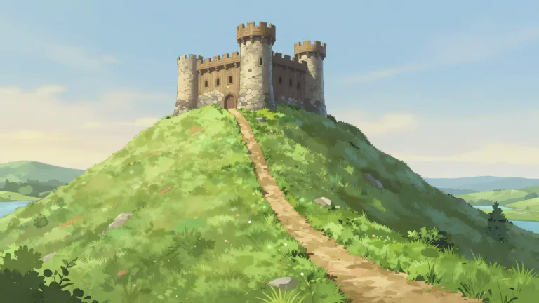 Visual representation of "motte" - A high, round hill that a castle is built on in middle ages.