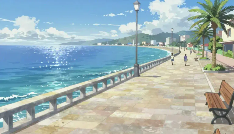Visual representation of "promenade" - A public place for walking, generally a wide path or sidewalk along the seaside.