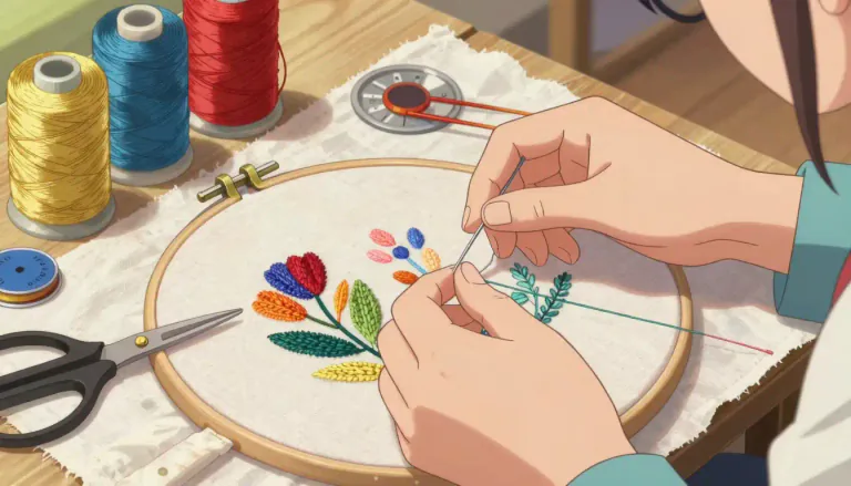 Visual representation of "needlework" - Art or craft that involves sewing, embroidery, or similar actions, often done by using a needle.