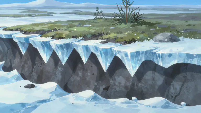 Visual representation of "permafrost" - A layer of soil that is at or below the freezing point of water for two or more years.