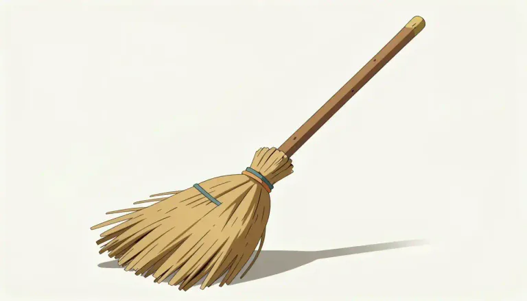Visual representation of "broom" - A tool with stiff fibers attached to a long handle, used for cleaning floors.