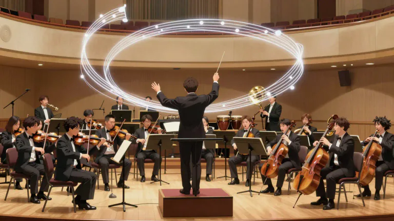Visual representation of "symphonic" - Related to or having the form of a symphony (a large piece of classical music usually performed by an orchestra).