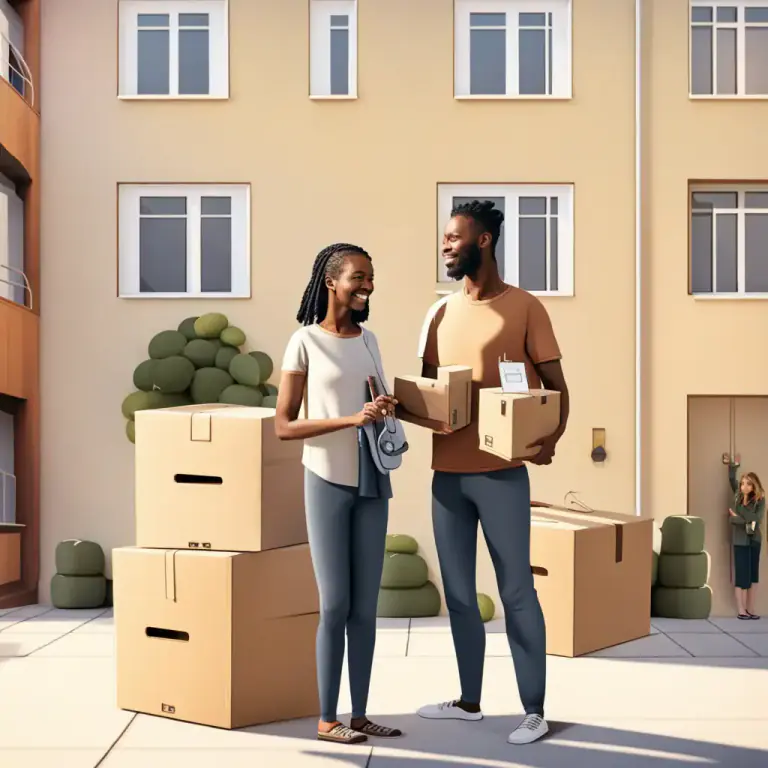 Visual representation of "move in with" - To start living with someone, especially in a romantic relationship or as a roommate.
