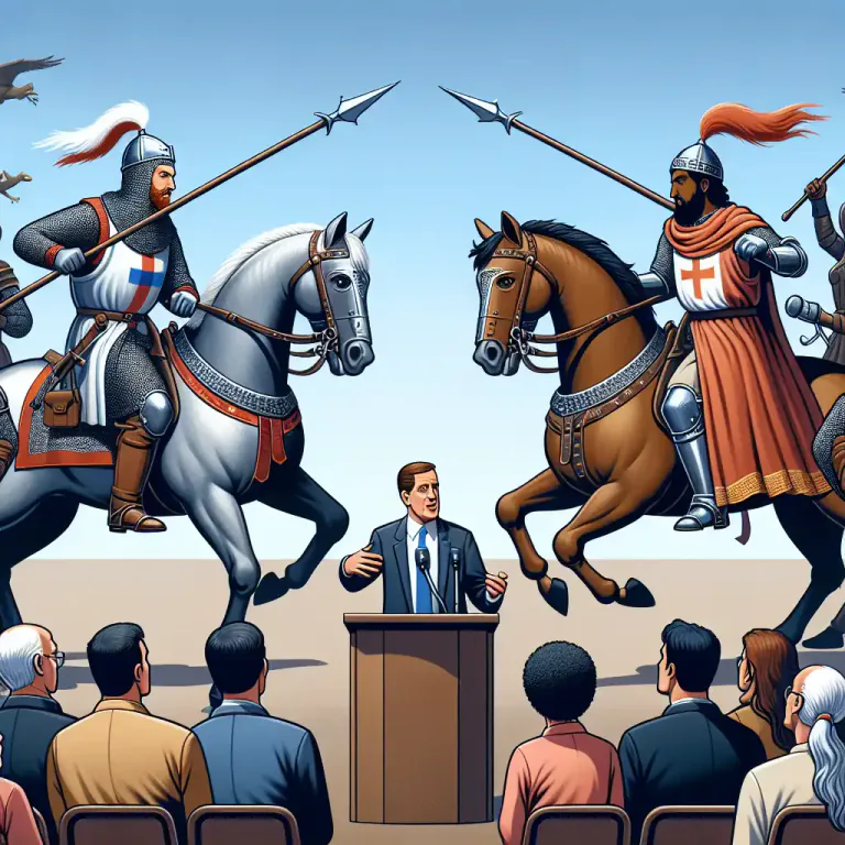 Visual representation of "joust" - To fight someone, in games or politics for example, especially by trying to be better than them.