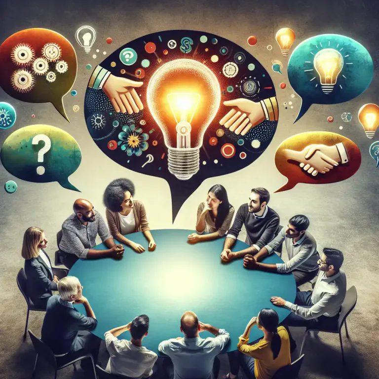 Visual representation of "powwow" - To hold a meeting or discussion to solve problems or exchange ideas.
