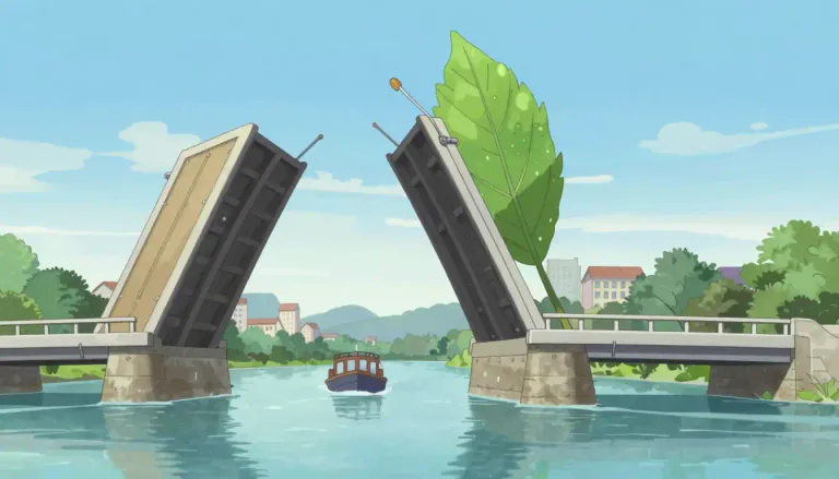Visual representation of "bascule" - A bascule is a type of bridge that is counterbalanced and can be raised to allow boats to pass underneath.