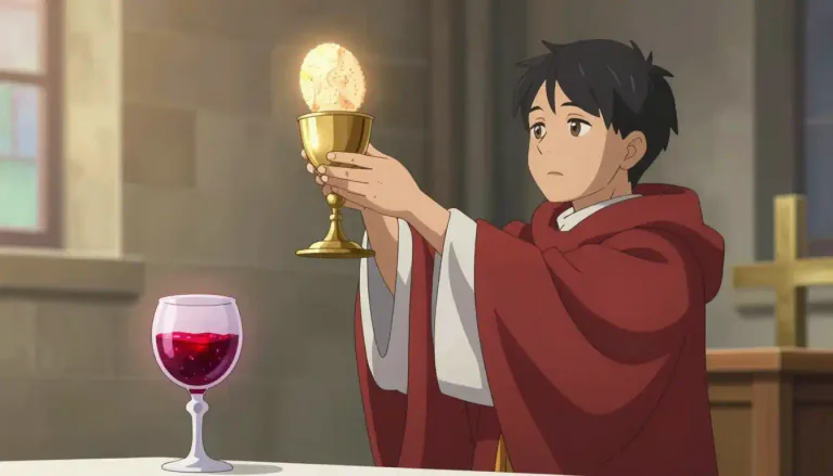 Visual representation of "transubstantiation" - A belief in Christianity that during the Eucharist, the bread and wine used in the sacrament become the body and blood of Jesus Christ.