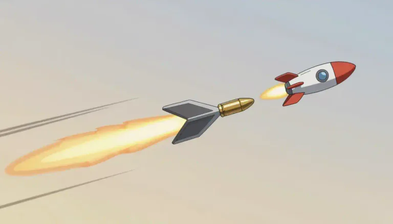 Visual representation of "projectile" - Something thrown or fired forward, like an arrow by throwing, a bullet by shooting, or a rocket by rockets.